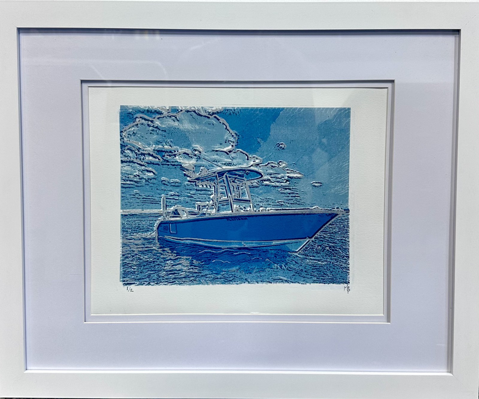 Framed boat portrait by Mallie Sykes: a blue center-console boat under a textured sky