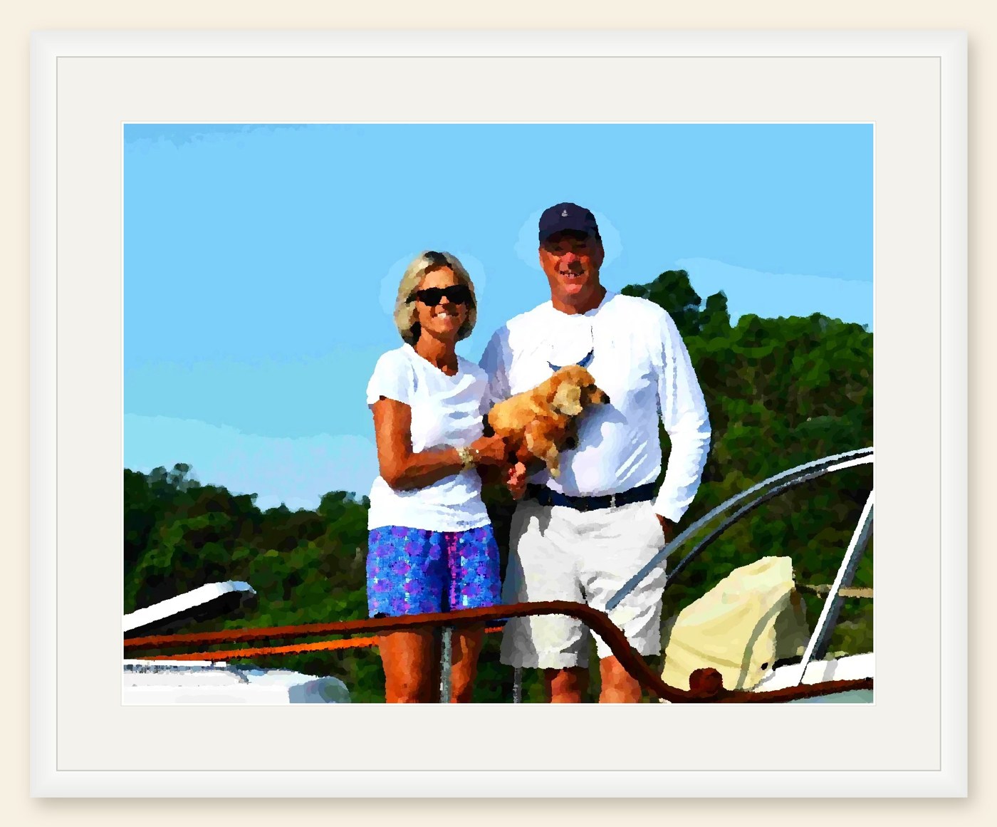 Framed painted-style portrait of a couple holding their small dog aboard a boat